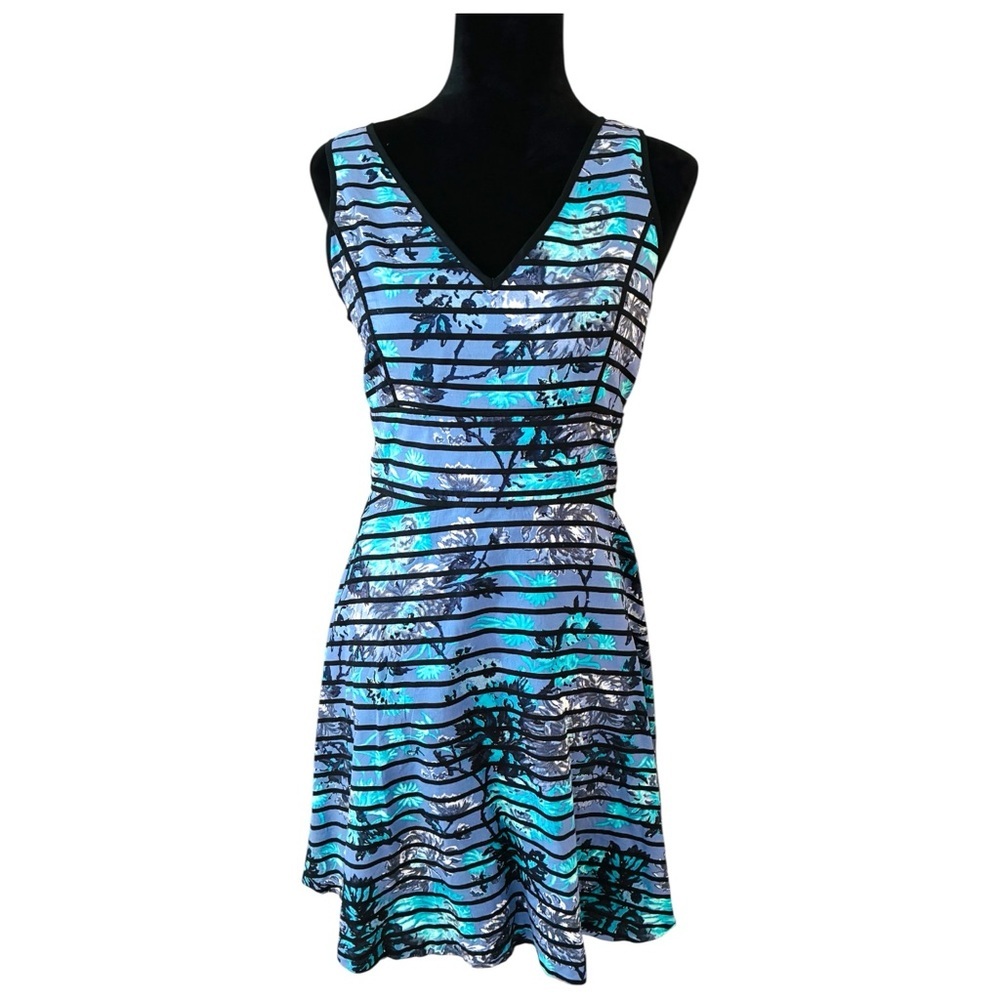 Ann Taylor LOFT Sz 6 Blue Black Floral Stripe Fit N Flare Party Dress - Picture 2 of 10